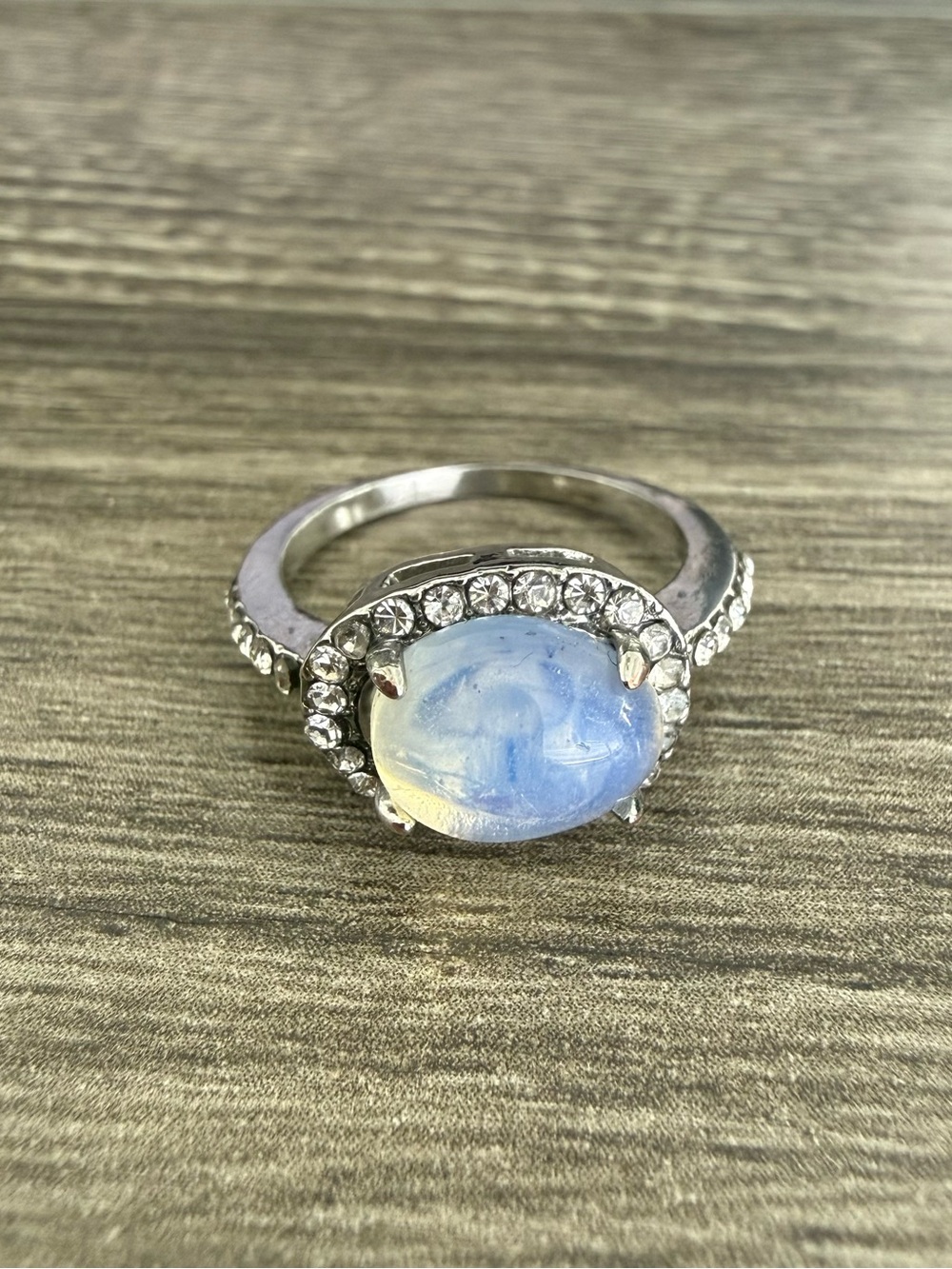 Silver Opalescent Blue Halo Ring Sz 7